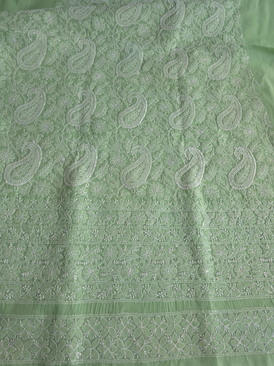 Green Cotton kurta fabric with exquisite Handwork chikankari