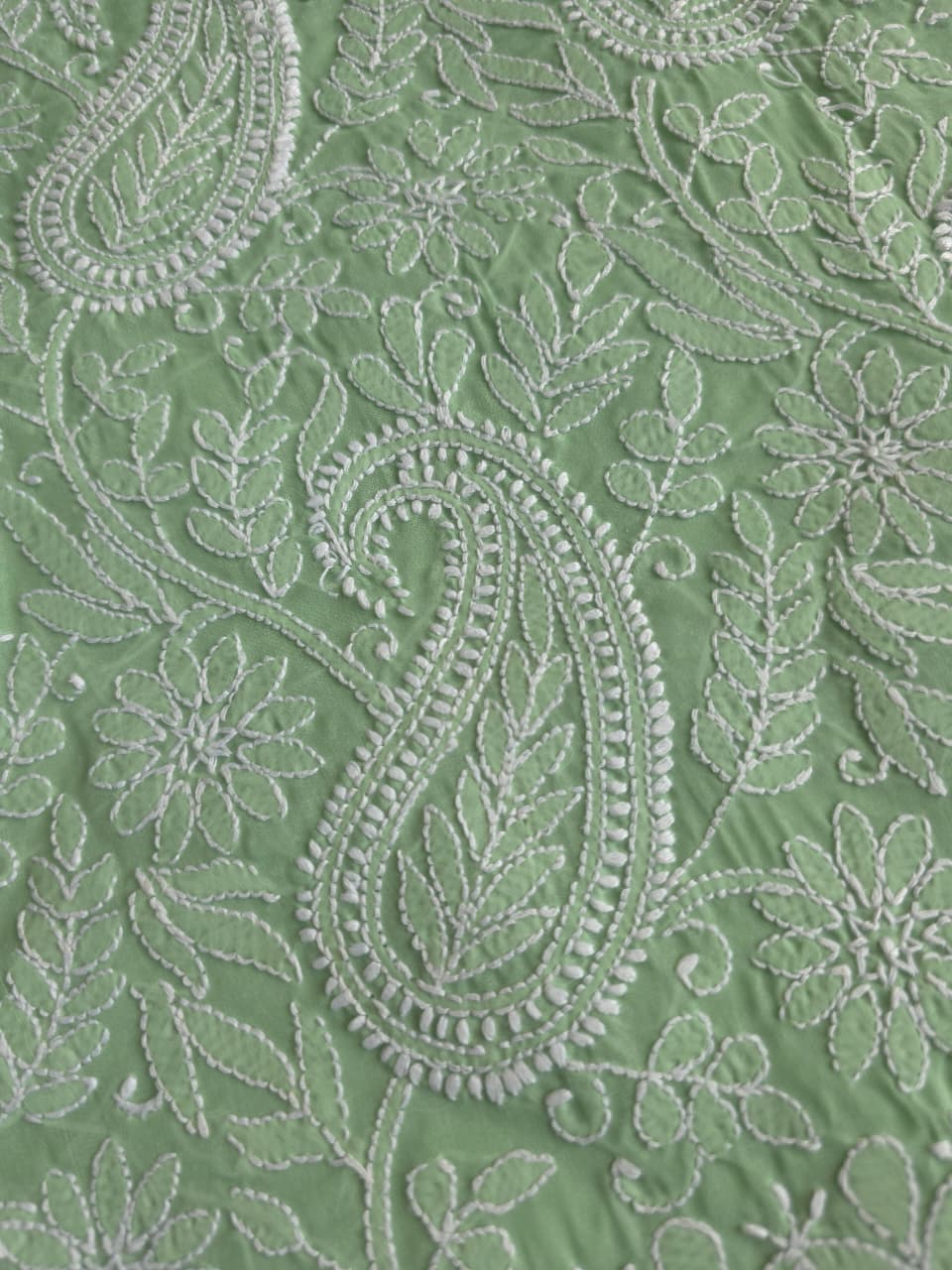 Green Cotton kurta fabric with exquisite Handwork chikankari