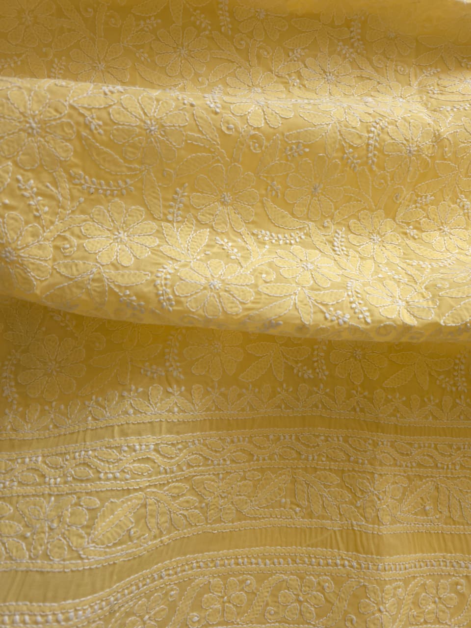 Yellow cotton kurta fabric with front chikankari jaalwork
