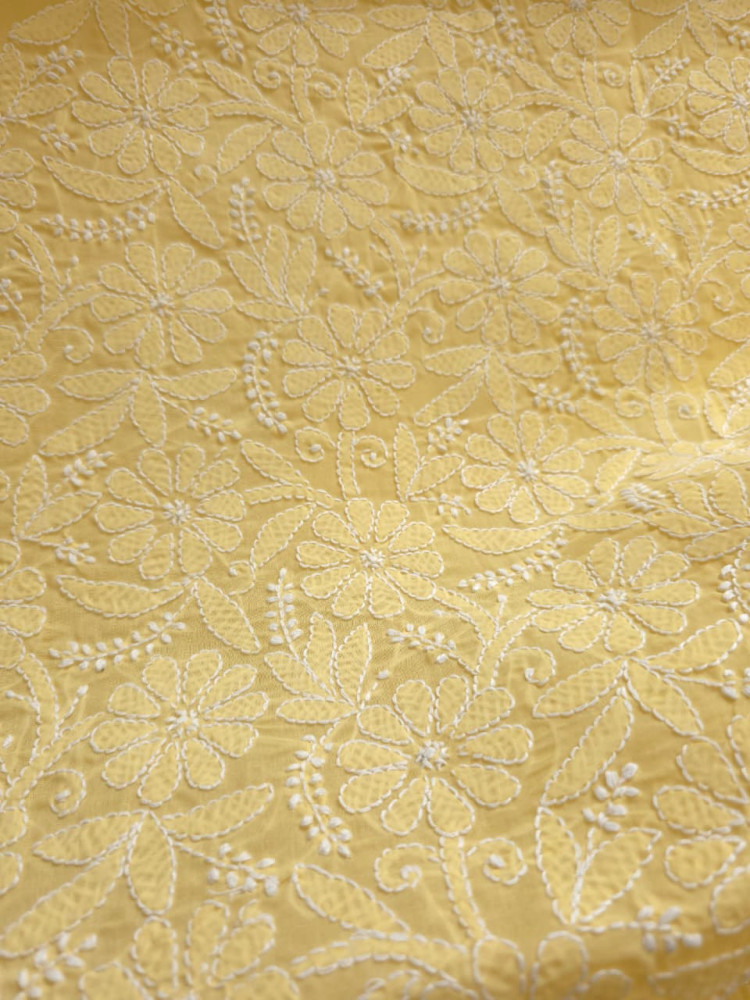 Image of Yellow cotton kurta fabric with front chikankari jaalwork