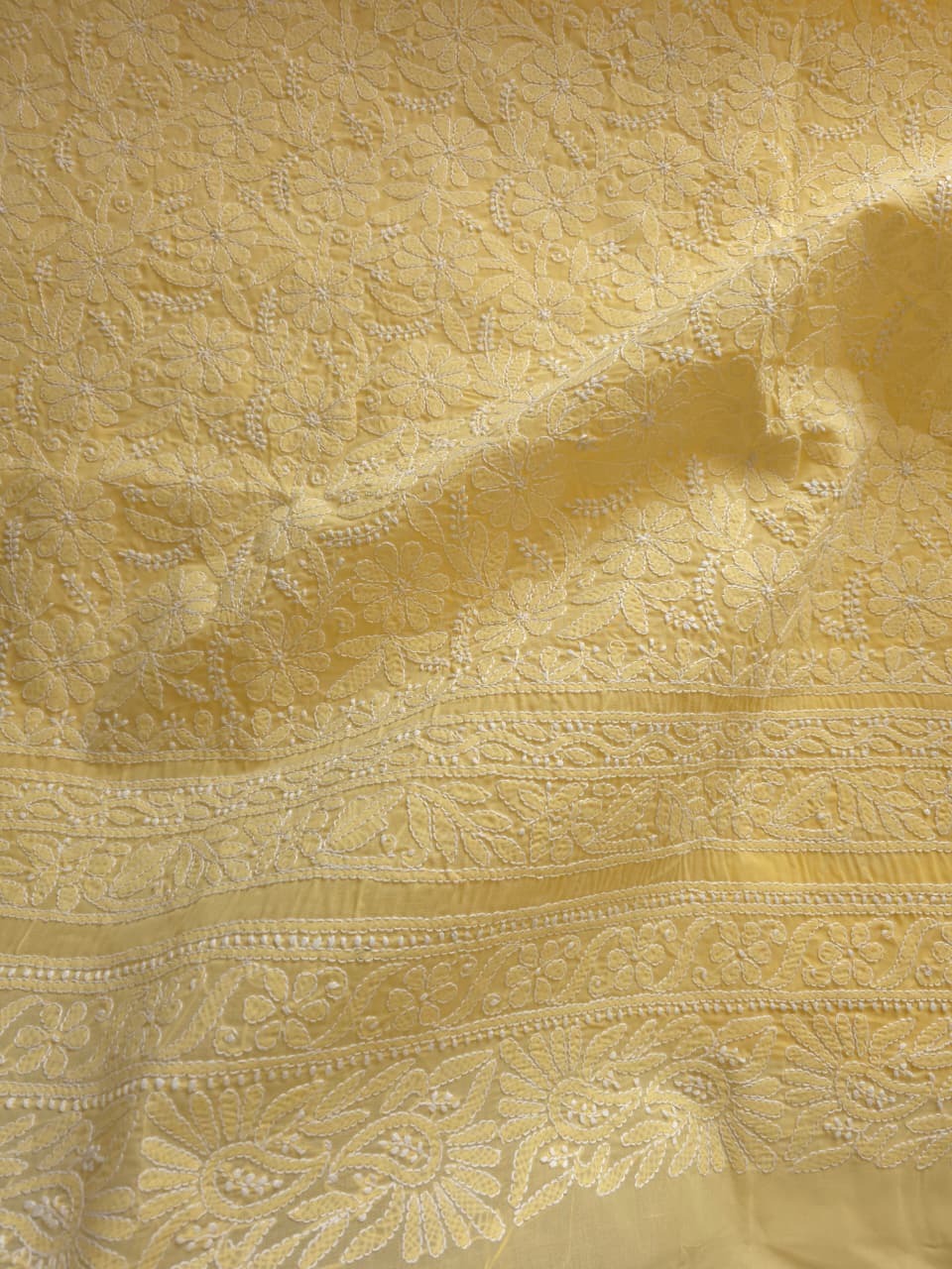 Yellow cotton kurta fabric with front chikankari jaalwork