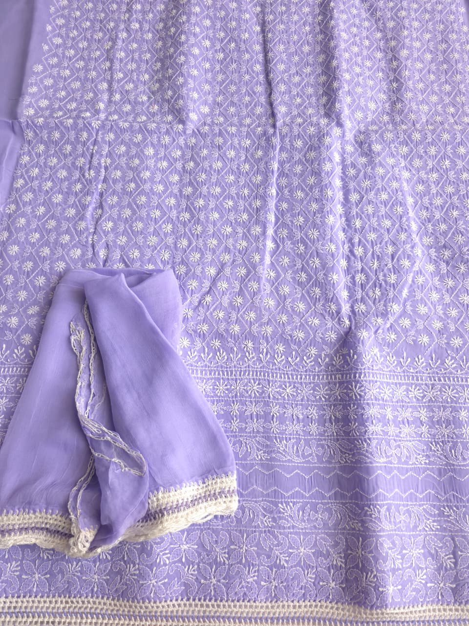 Fresh Lavender color cotton full set with fine chikankari