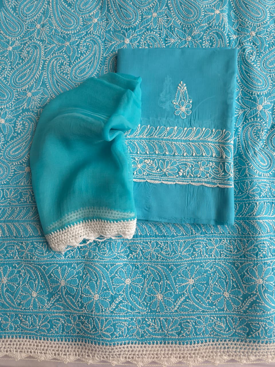 Firozi blue cotton full set with fine chikankari handwork only