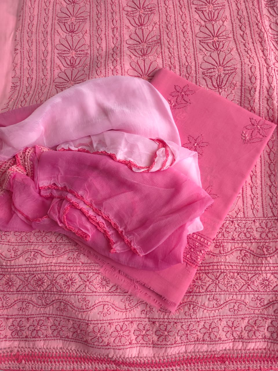 Light dark pink combination full set with fine chikankari