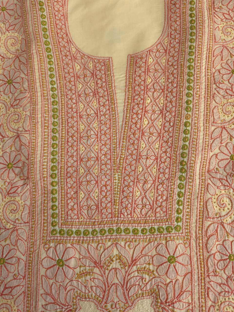Beigish yellow Cotton premium suit with fine contrast chikankari and Jaaliwork