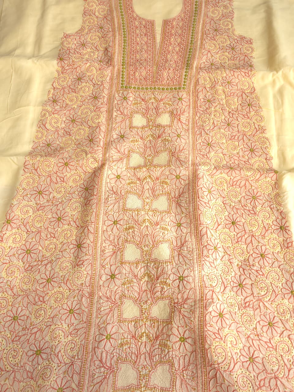 Beigish yellow Cotton premium suit with fine contrast chikankari and Jaaliwork