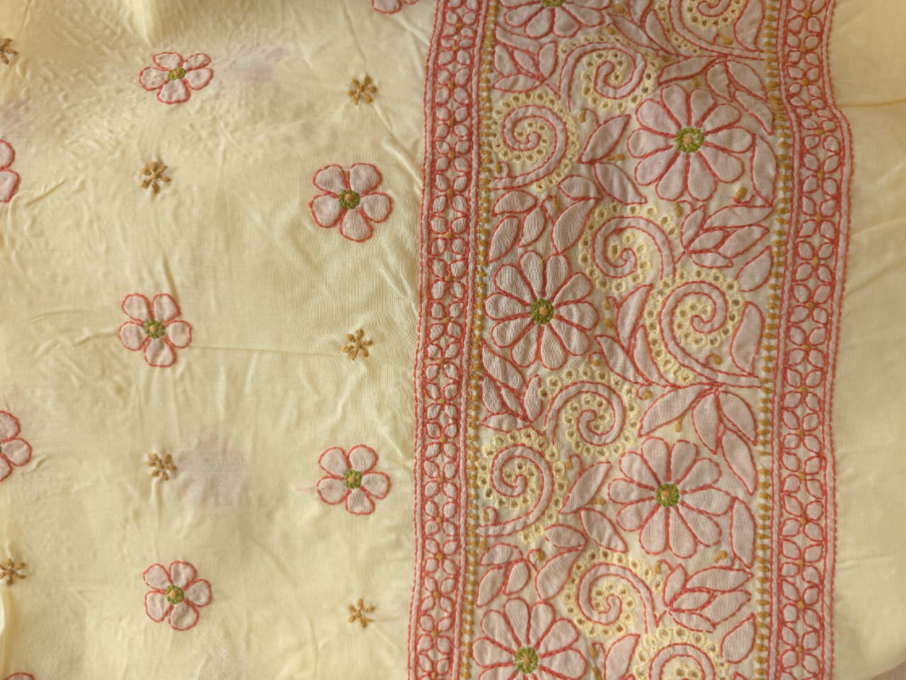 Beigish yellow Cotton premium suit with fine contrast chikankari and Jaaliwork