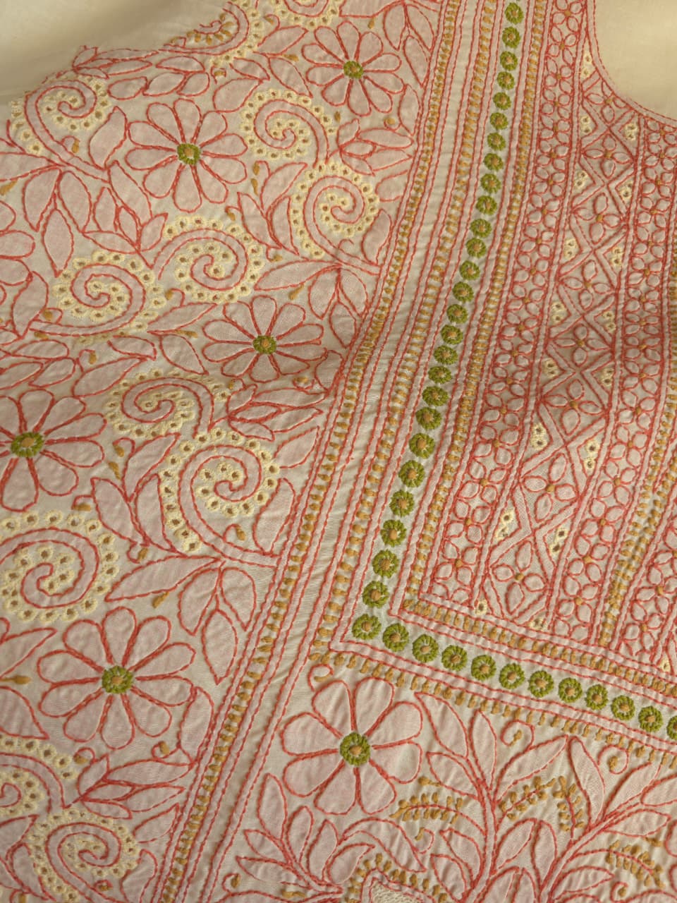 Beigish yellow Cotton premium suit with fine contrast chikankari and Jaaliwork