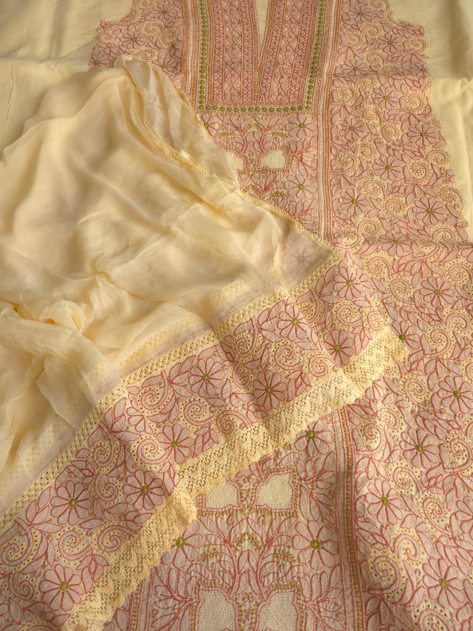 Beigish yellow Cotton premium suit with fine contrast chikankari and Jaaliwork