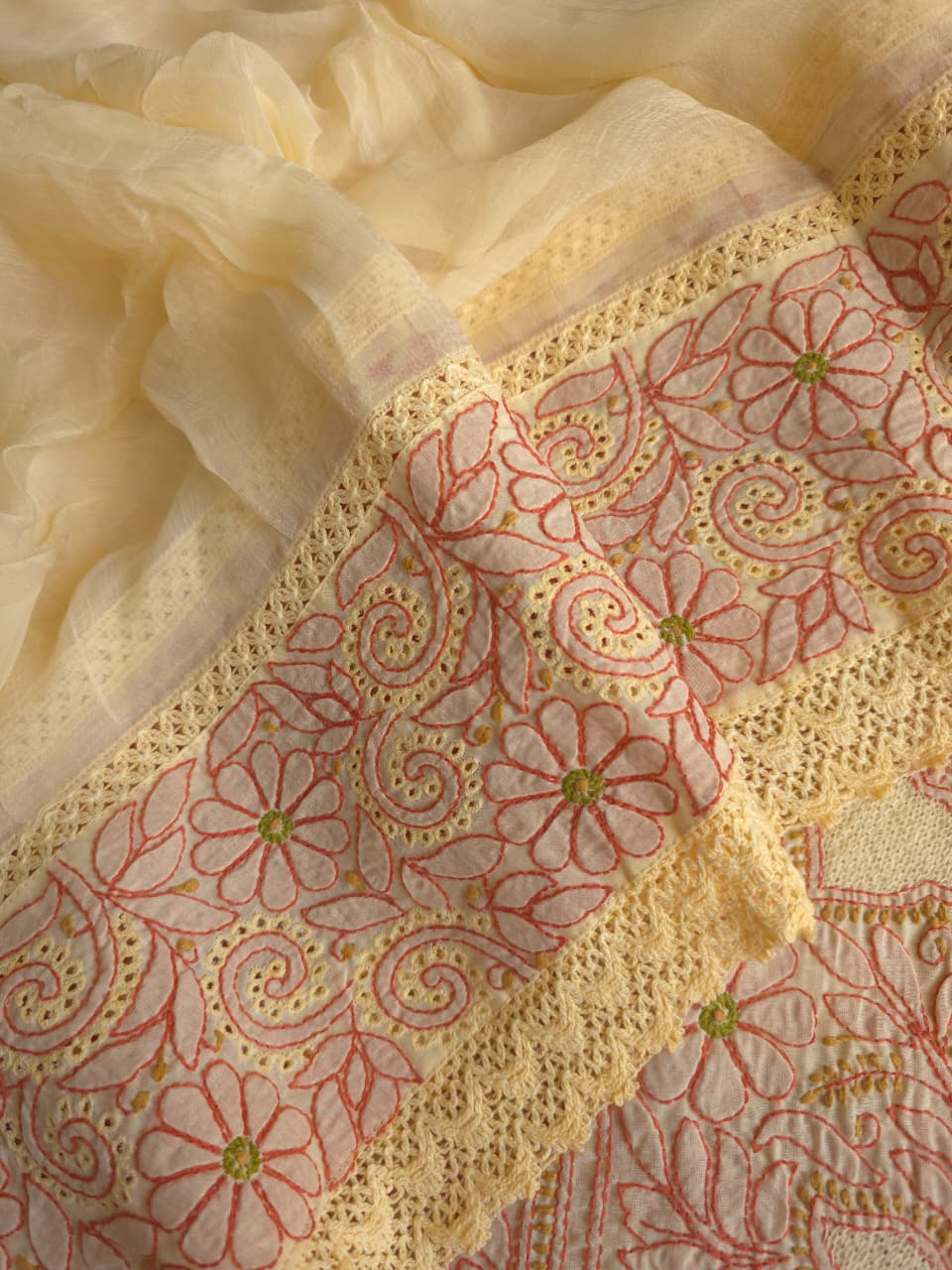 Beigish yellow Cotton premium suit with fine contrast chikankari and Jaaliwork
