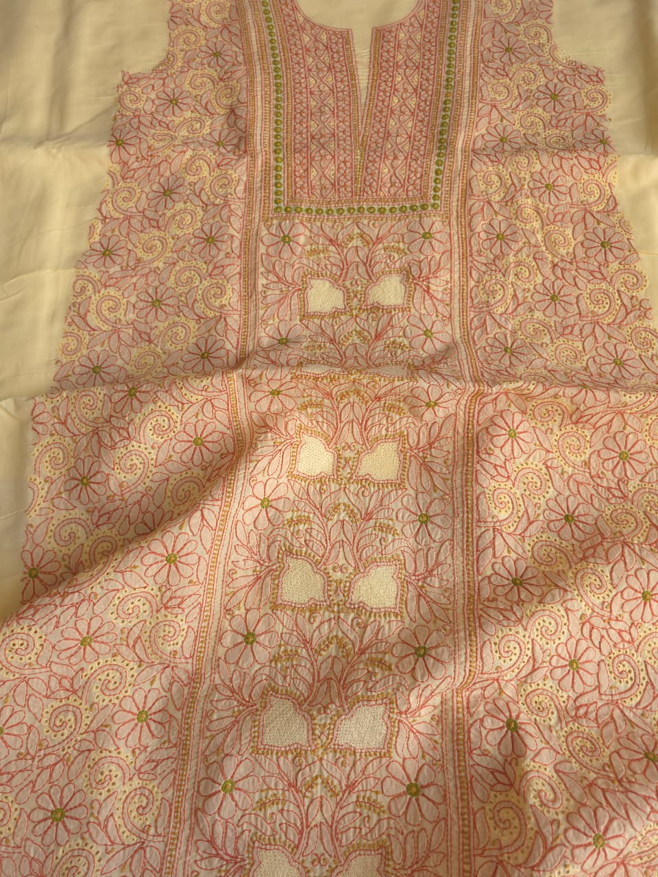 Beigish yellow Cotton premium suit with fine contrast chikankari and Jaaliwork