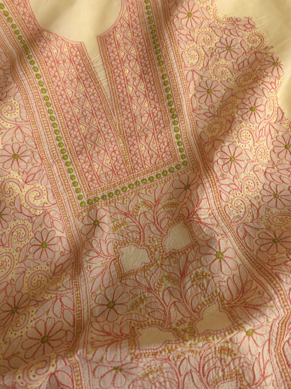 Beigish yellow Cotton premium suit with fine contrast chikankari and Jaaliwork
