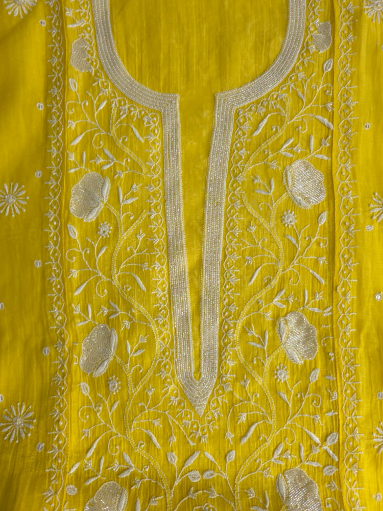 Image of Bright Yellow Mul chanderi semistiched kurta dupatta with finest handwork and embellishments