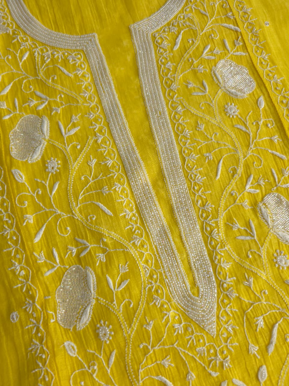 Bright Yellow Mul chanderi semistiched kurta dupatta with finest handwork and embellishments