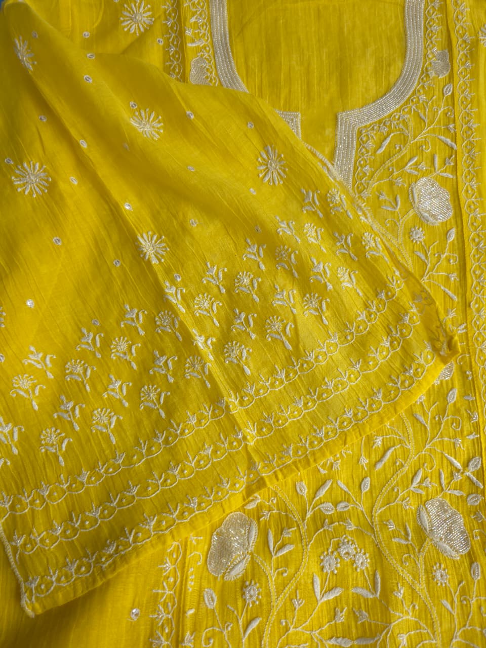 Bright Yellow Mul chanderi semistiched kurta dupatta with finest handwork and embellishments