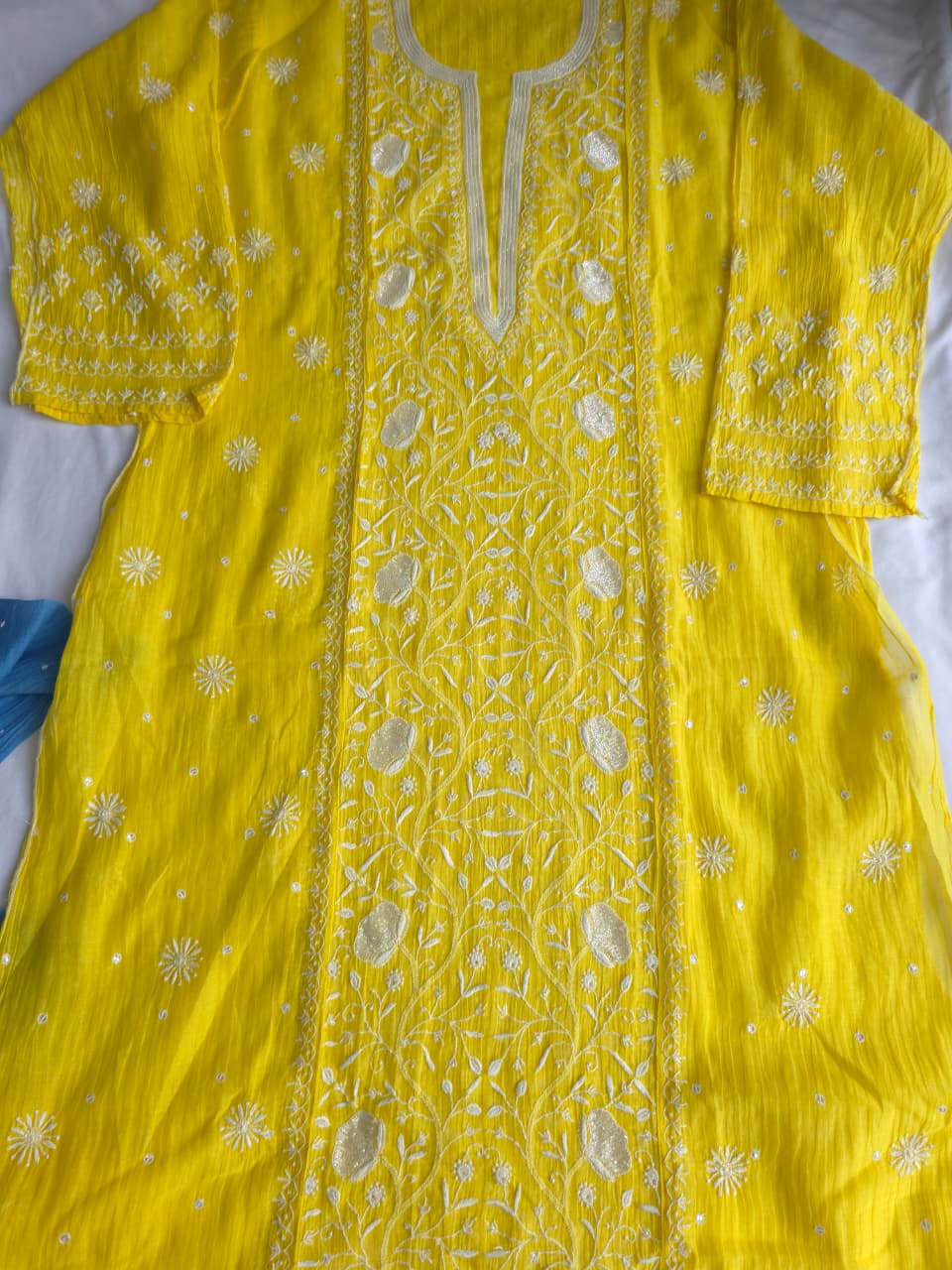Bright Yellow Mul chanderi semistiched kurta dupatta with finest handwork and embellishments
