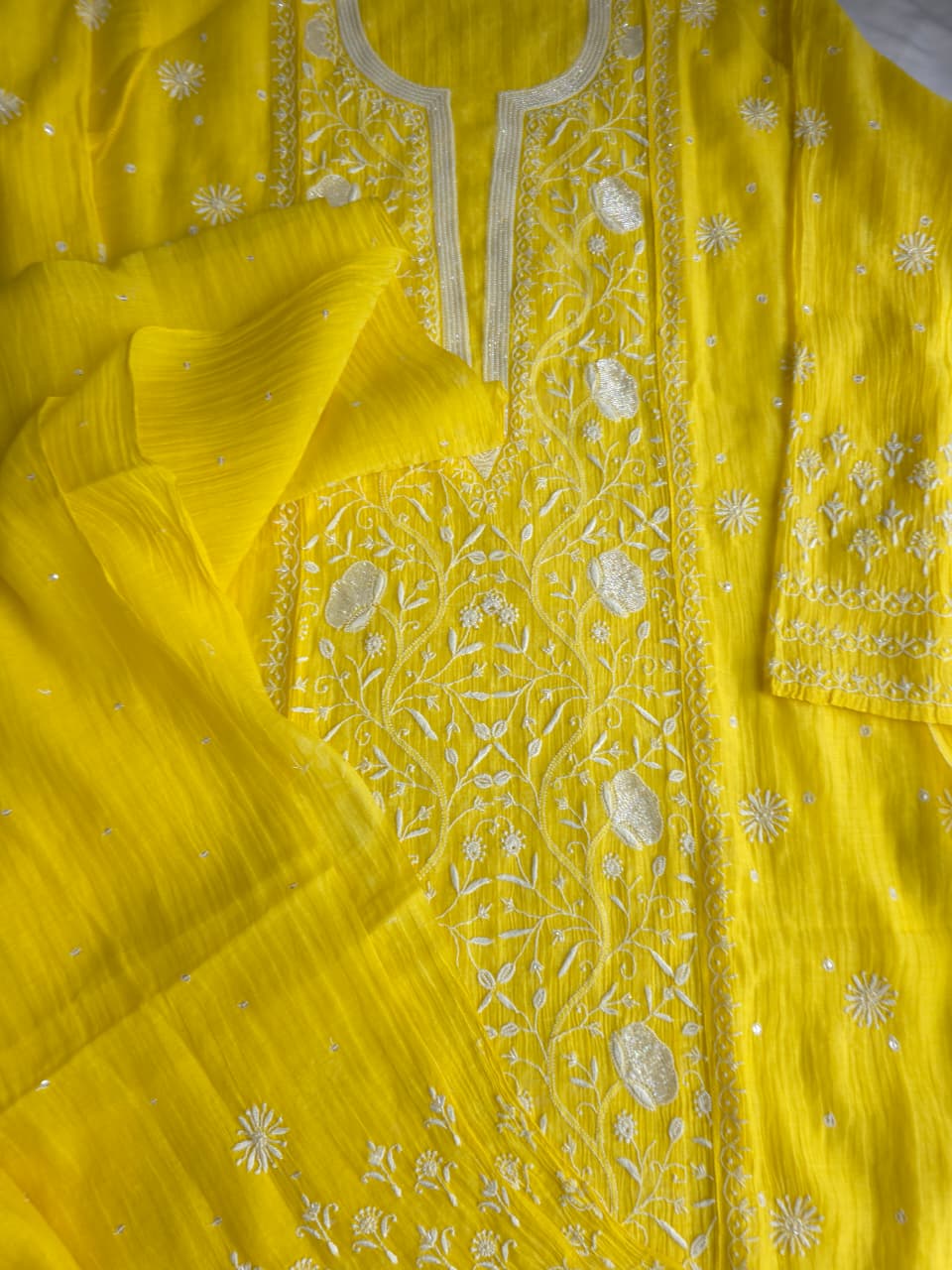 Bright Yellow Mul chanderi semistiched kurta dupatta with finest handwork and embellishments