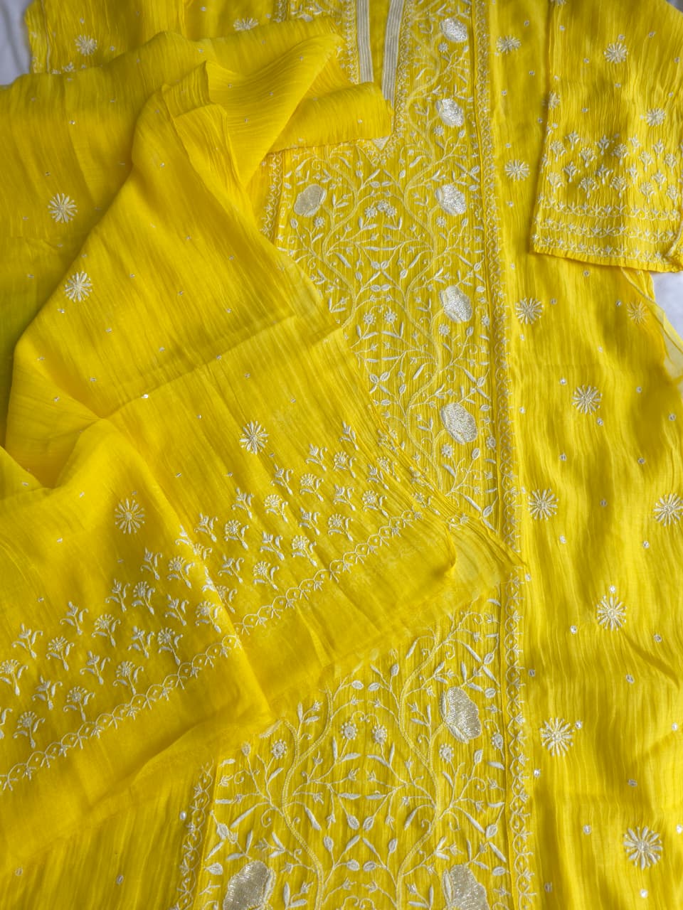 Bright Yellow Mul chanderi semistiched kurta dupatta with finest handwork and embellishments