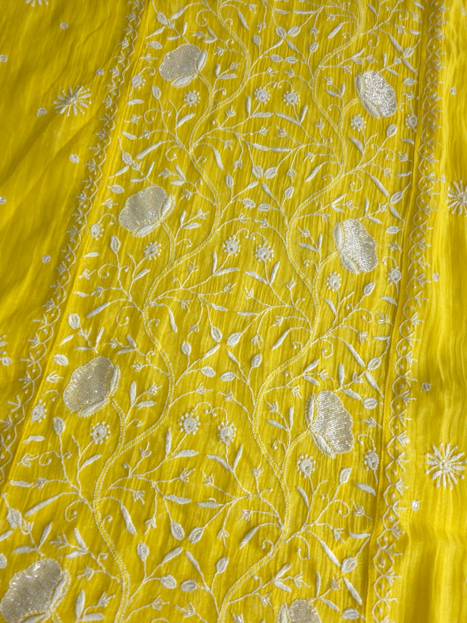 Bright Yellow Mul chanderi semistiched kurta dupatta with finest handwork and embellishments