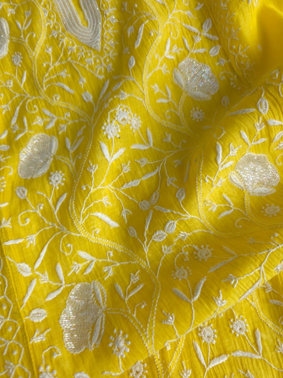 Bright Yellow Mul chanderi semistiched kurta dupatta with finest handwork and embellishments