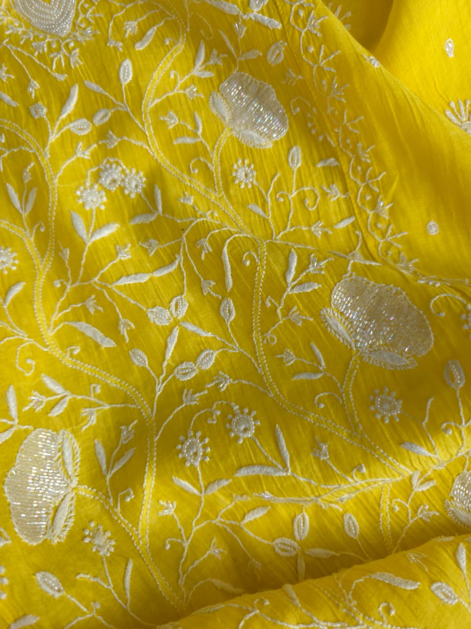 Bright Yellow Mul chanderi semistiched kurta dupatta with finest handwork and embellishments
