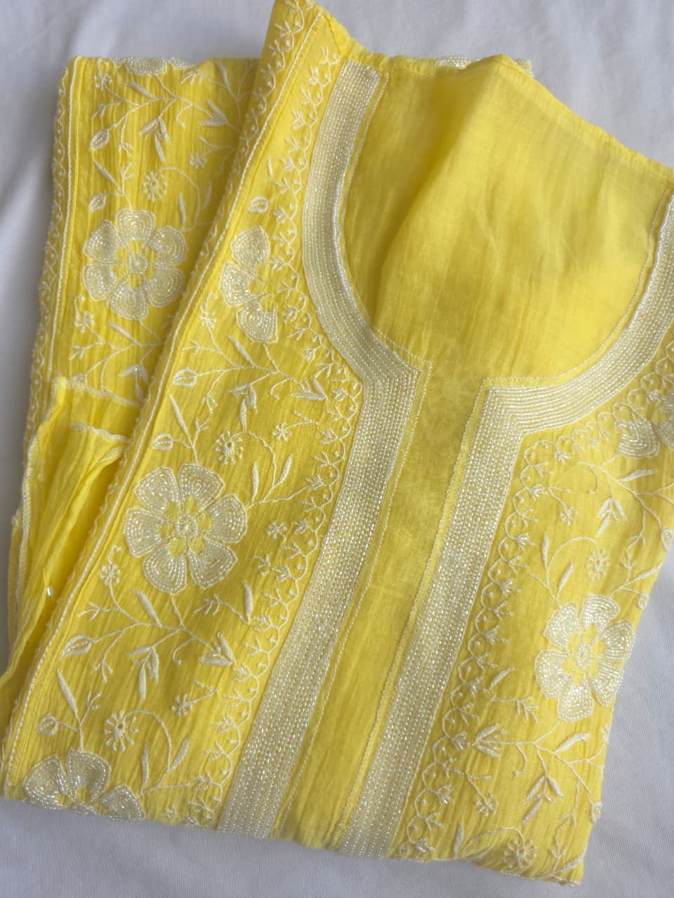 Bright Lemon Yellow Mul chanderi Semistitched Kurta dupatta set with handwork