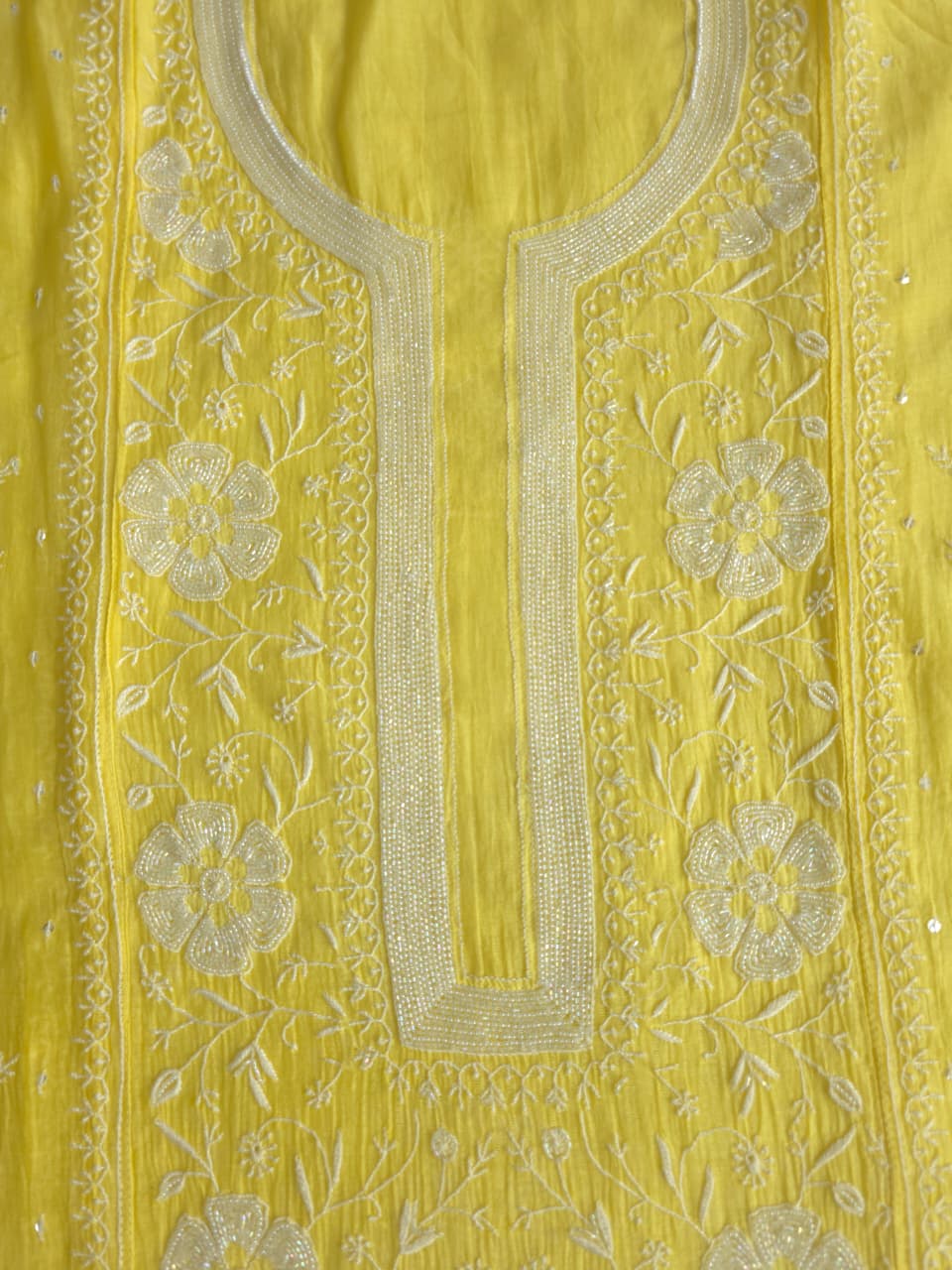 Bright Lemon Yellow Mul chanderi Semistitched Kurta dupatta set with handwork