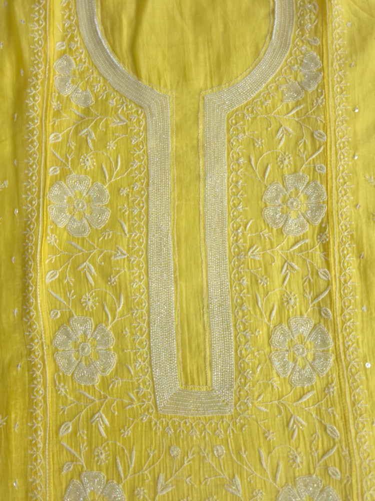 Image of Bright Lemon Yellow Mul chanderi Semistitched Kurta &amp; dupatta set with handwork