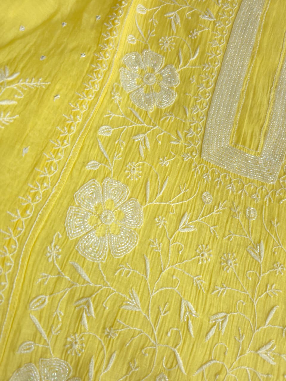 Bright Lemon Yellow Mul chanderi Semistitched Kurta dupatta set with handwork