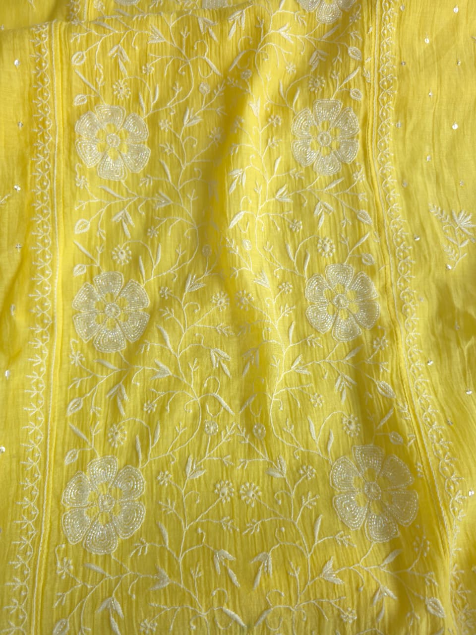 Bright Lemon Yellow Mul chanderi Semistitched Kurta dupatta set with handwork