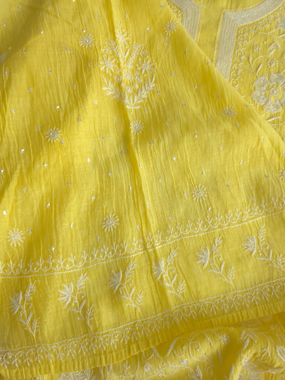 Bright Lemon Yellow Mul chanderi Semistitched Kurta dupatta set with handwork