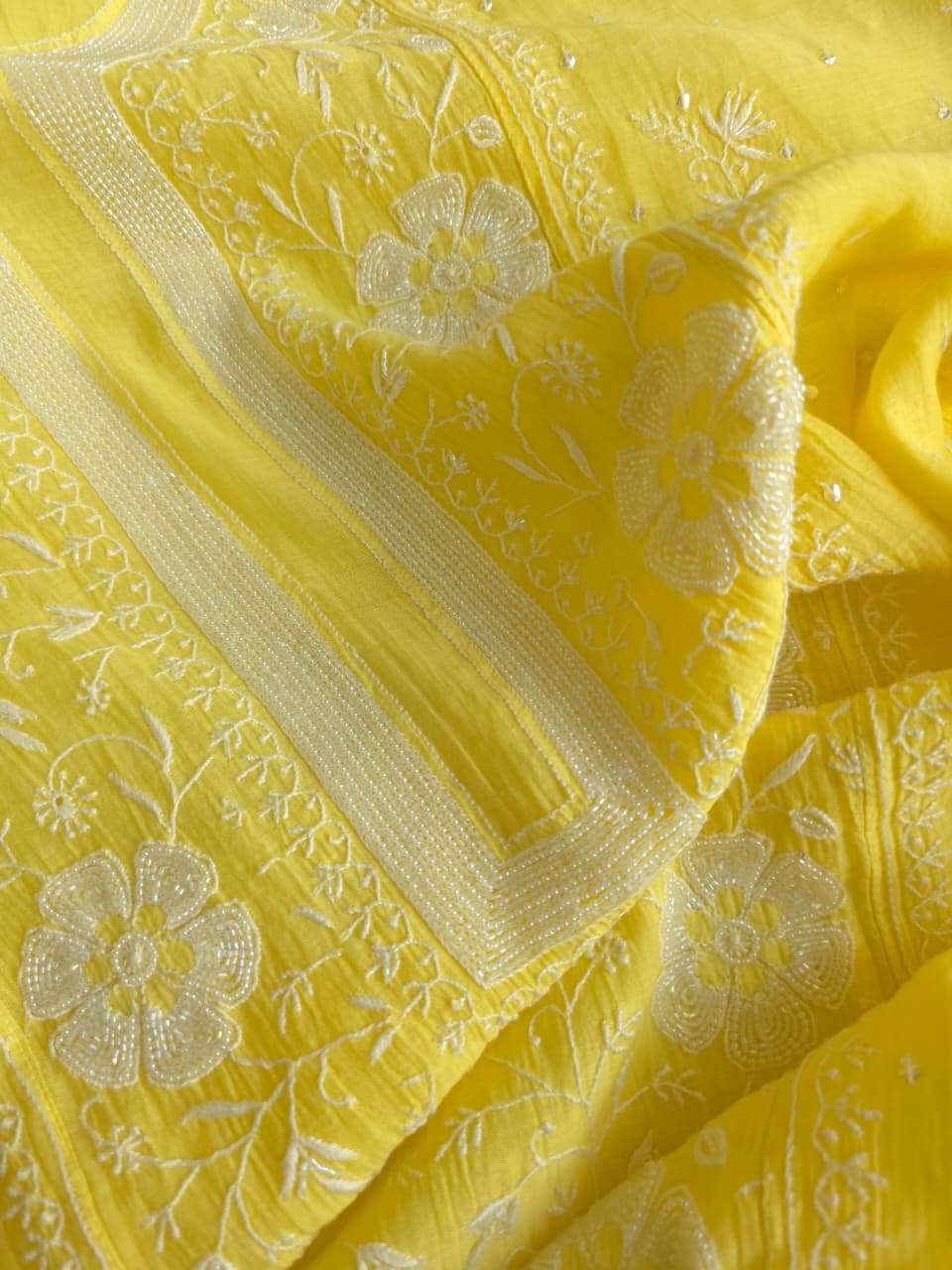 Bright Lemon Yellow Mul chanderi Semistitched Kurta dupatta set with handwork