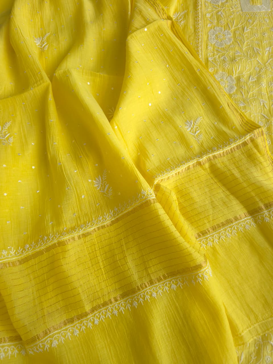 Bright Lemon Yellow Mul chanderi Semistitched Kurta dupatta set with handwork