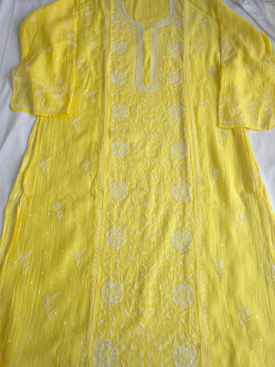 Bright Lemon Yellow Mul chanderi Semistitched Kurta dupatta set with handwork