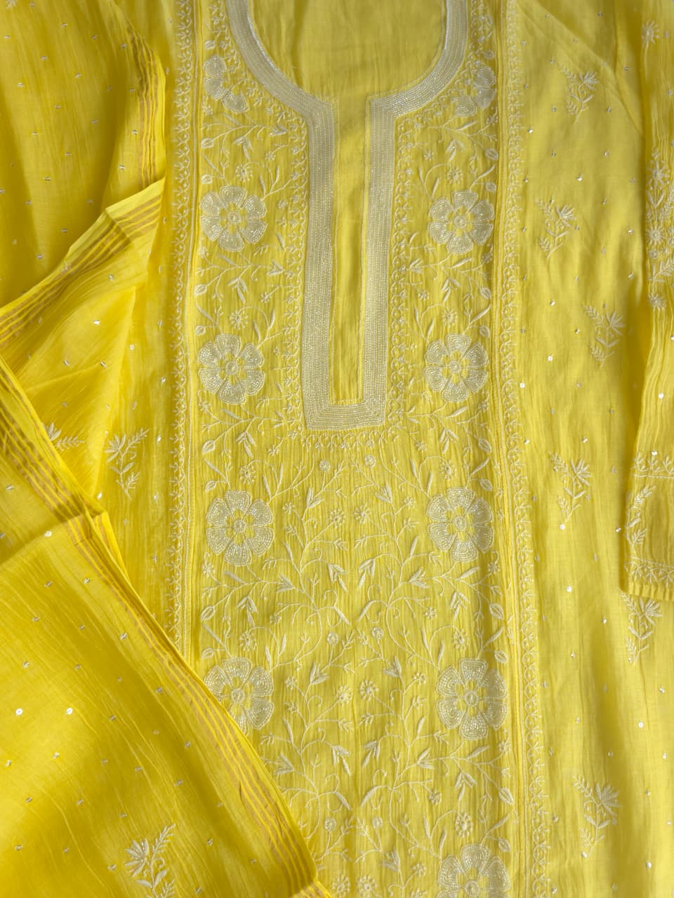 Bright Lemon Yellow Mul chanderi Semistitched Kurta dupatta set with handwork