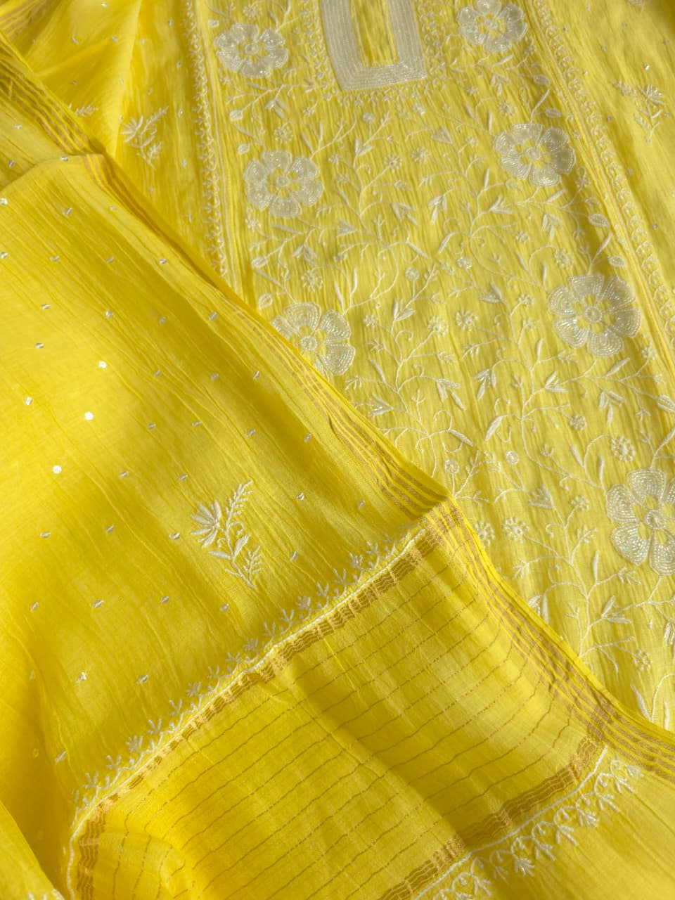 Bright Lemon Yellow Mul chanderi Semistitched Kurta dupatta set with handwork