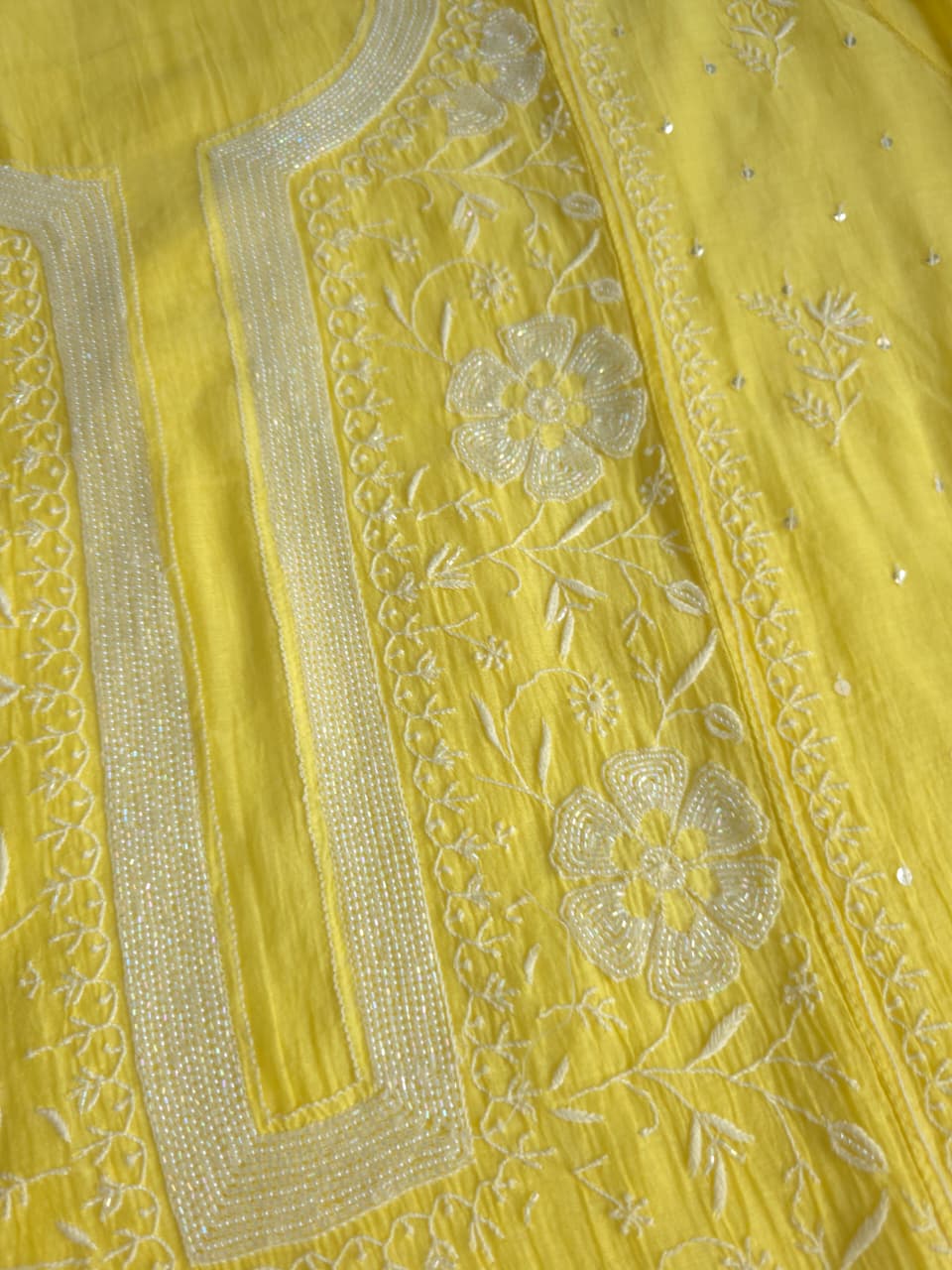Bright Lemon Yellow Mul chanderi Semistitched Kurta dupatta set with handwork