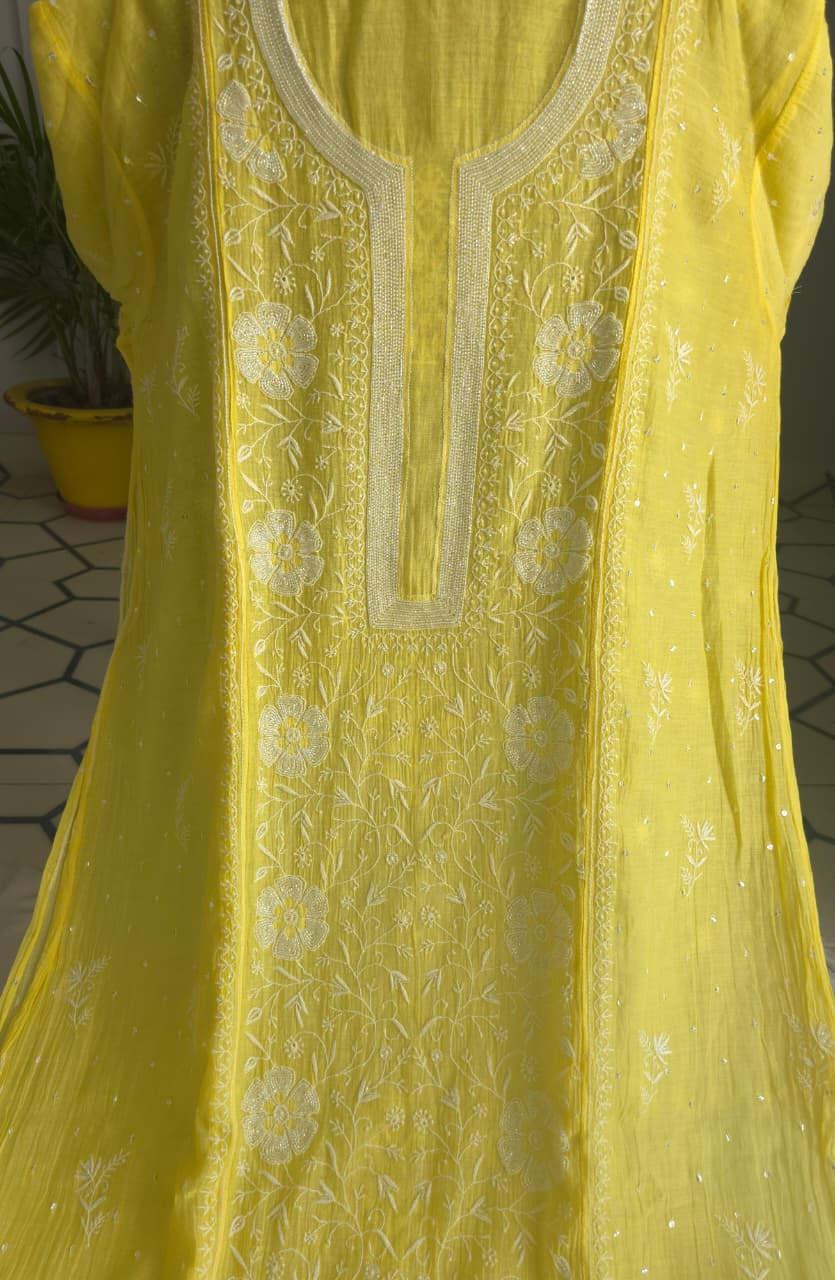 Bright Lemon Yellow Mul chanderi Semistitched Kurta dupatta set with handwork