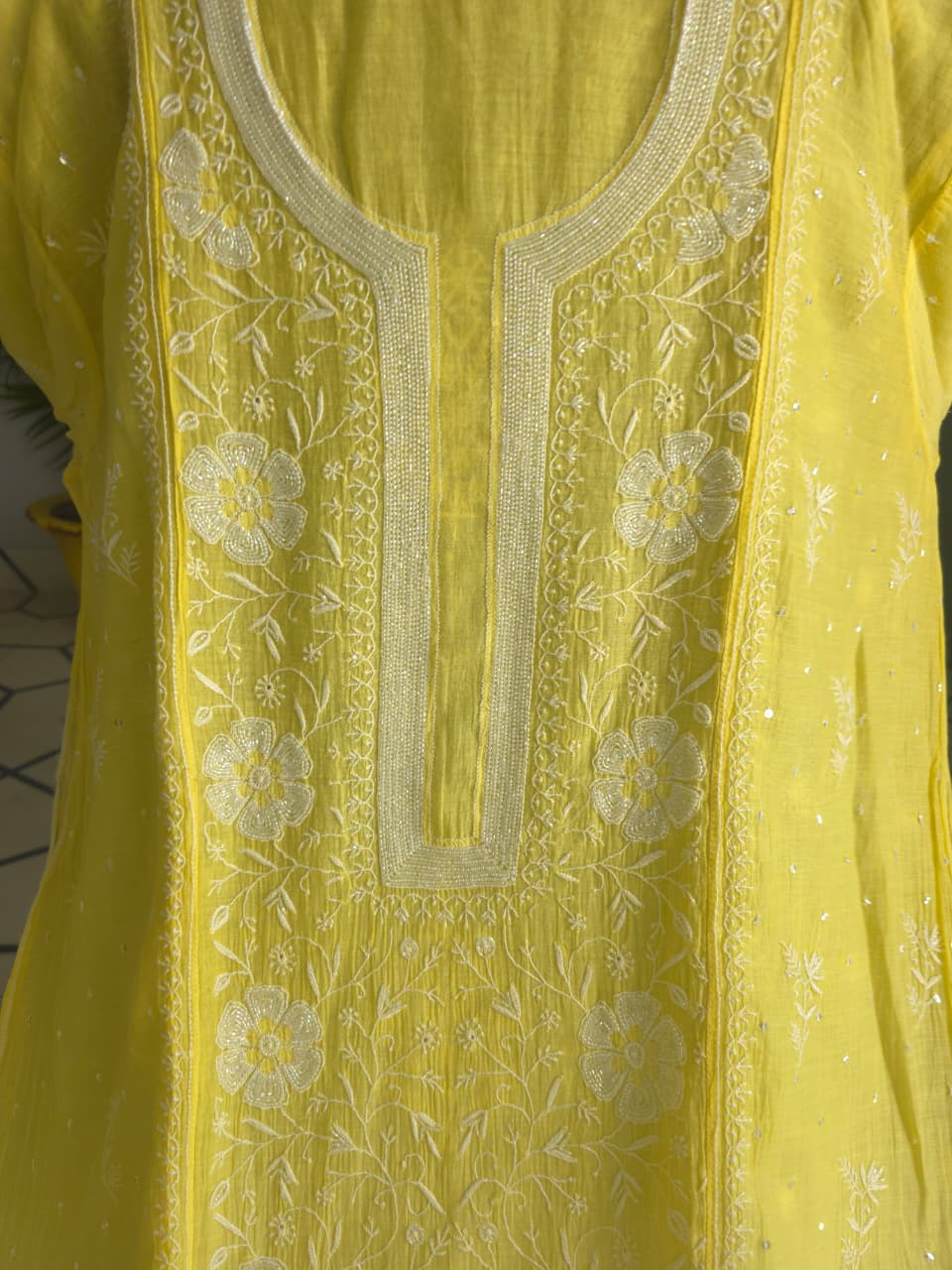 Bright Lemon Yellow Mul chanderi Semistitched Kurta dupatta set with handwork