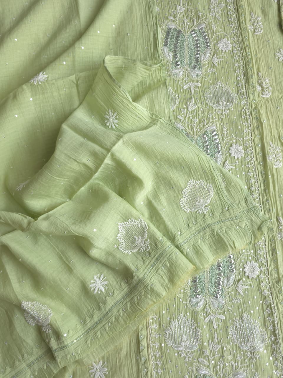Pista Green Semistitched Mul chanderi kurta dupatta with Butterfly motifs