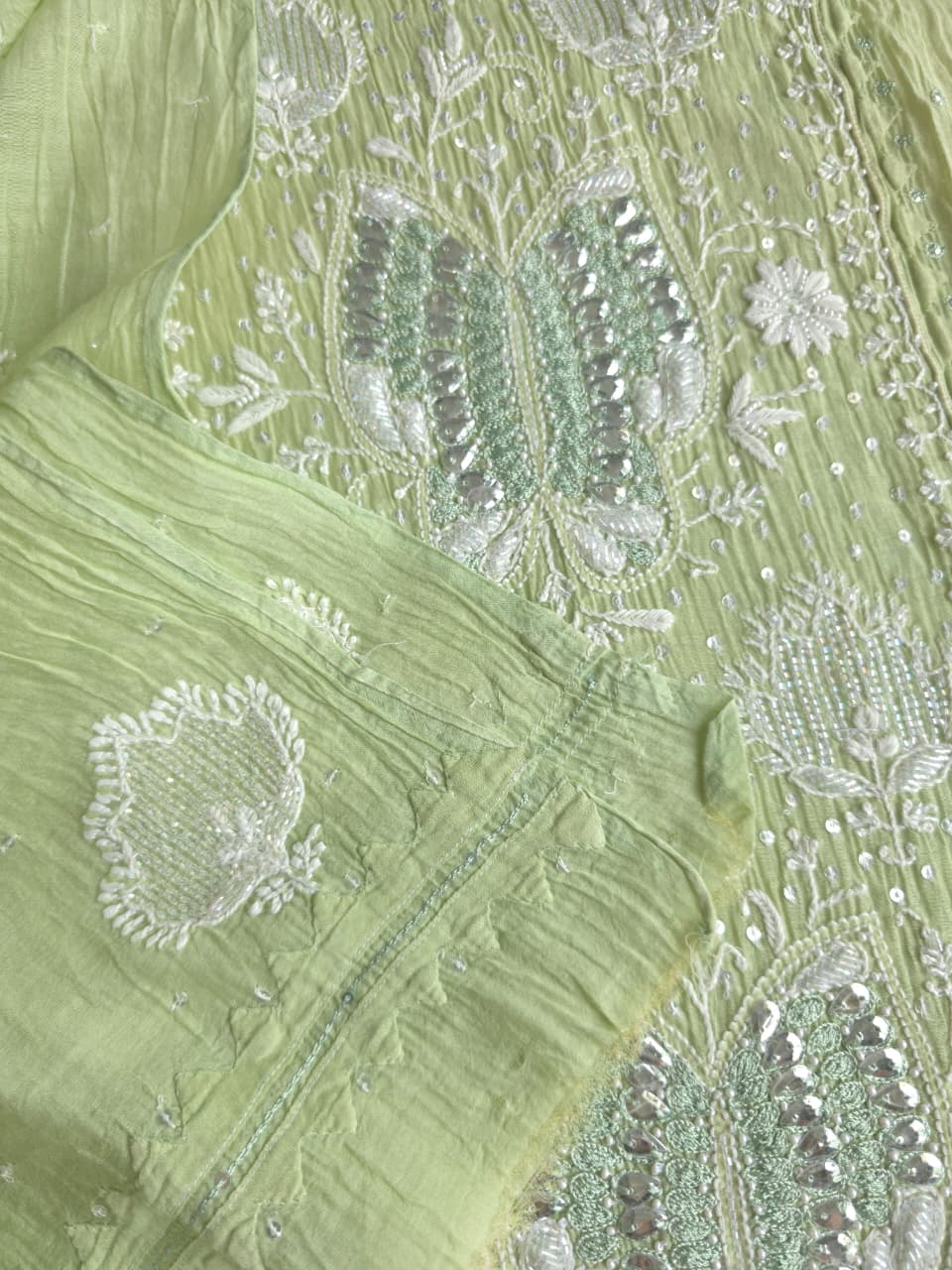 Pista Green Semistitched Mul chanderi kurta dupatta with Butterfly motifs