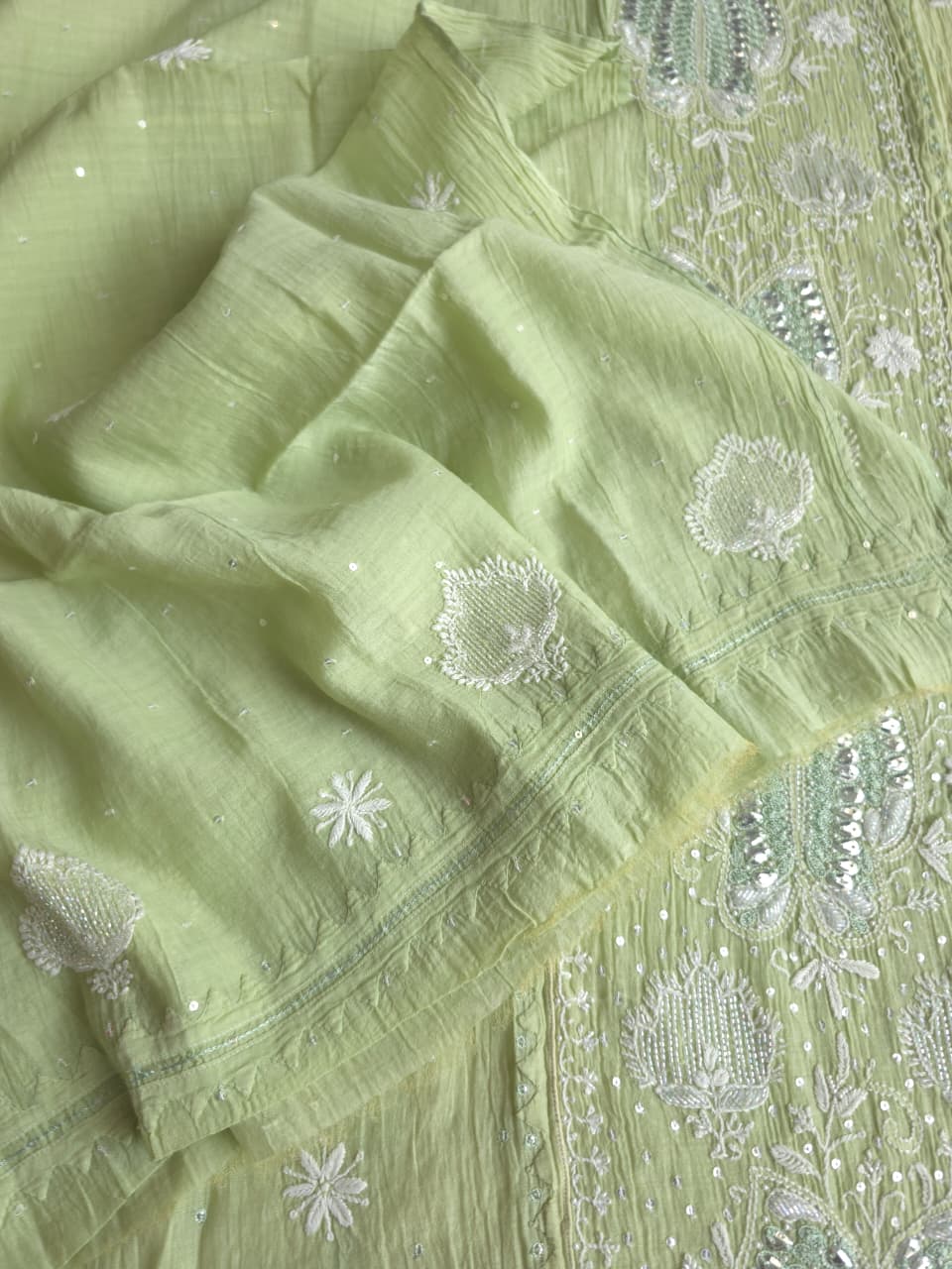 Pista Green Semistitched Mul chanderi kurta dupatta with Butterfly motifs