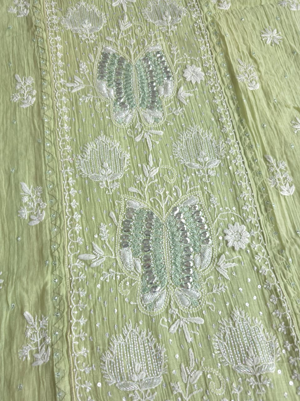 Pista Green Semistitched Mul chanderi kurta dupatta with Butterfly motifs