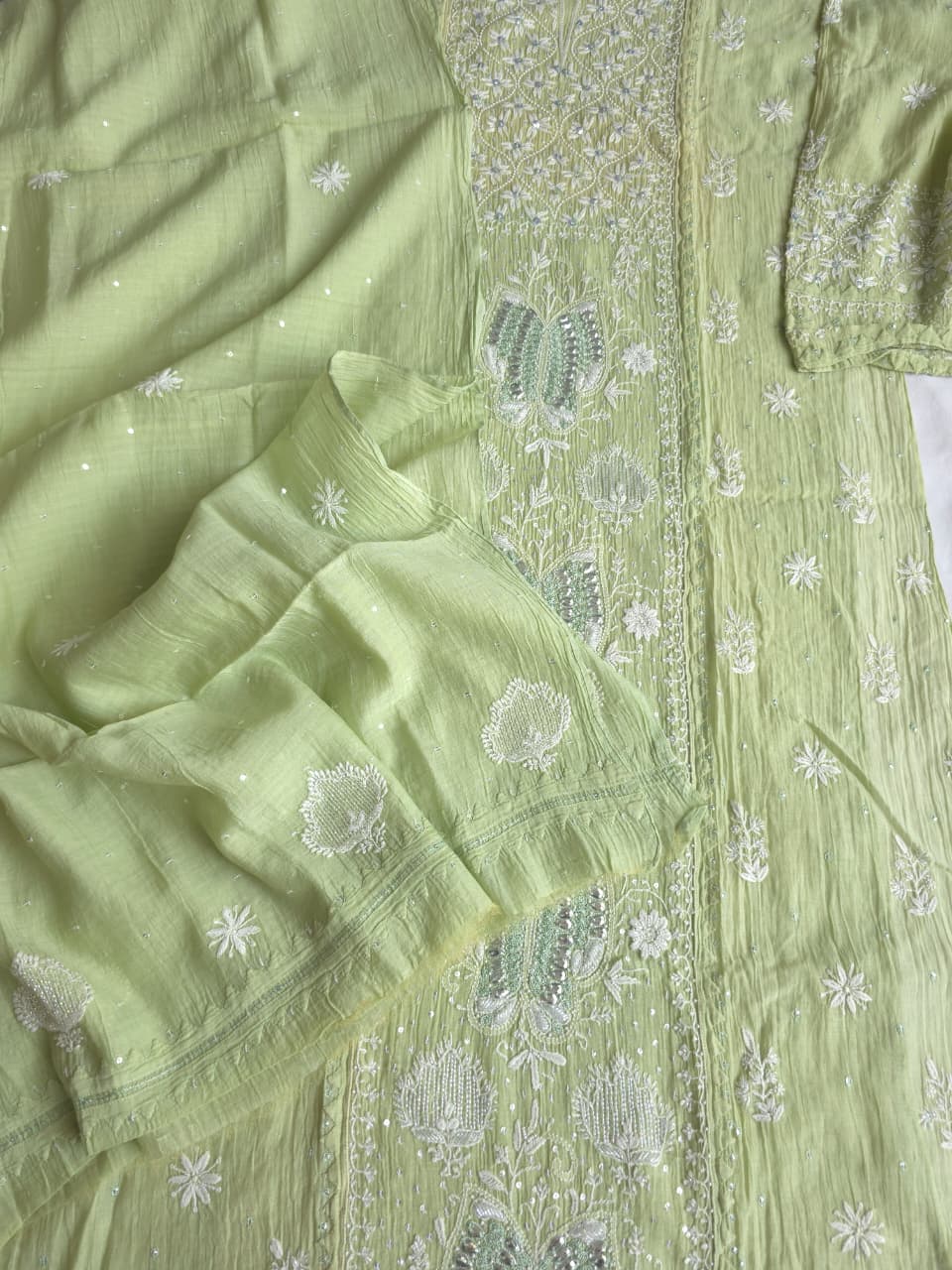 Pista Green Semistitched Mul chanderi kurta dupatta with Butterfly motifs