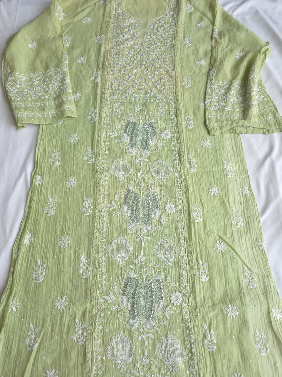 Pista Green Semistitched Mul chanderi kurta dupatta with Butterfly motifs