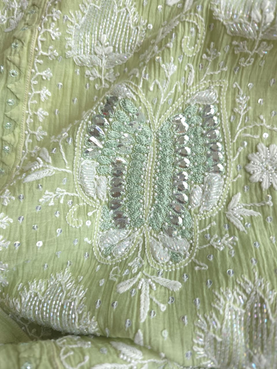 Pista Green Semistitched Mul chanderi kurta dupatta with Butterfly motifs