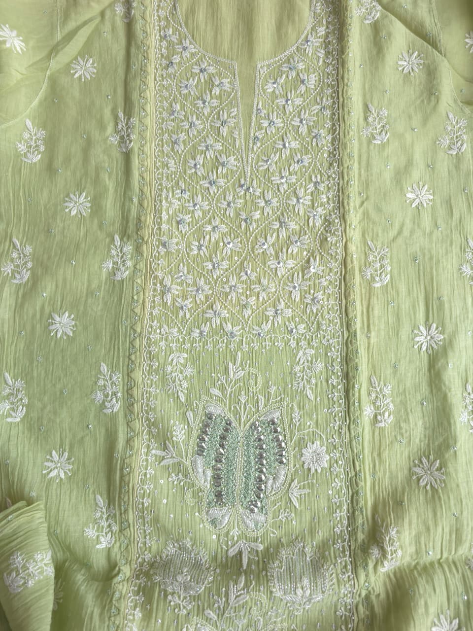 Pista Green Semistitched Mul chanderi kurta dupatta with Butterfly motifs