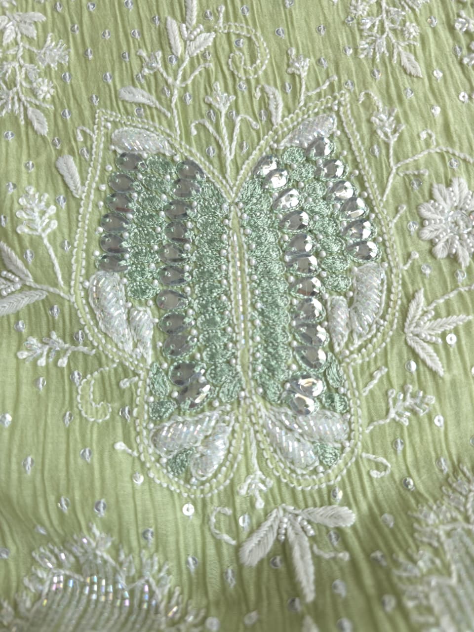 Pista Green Semistitched Mul chanderi kurta dupatta with Butterfly motifs