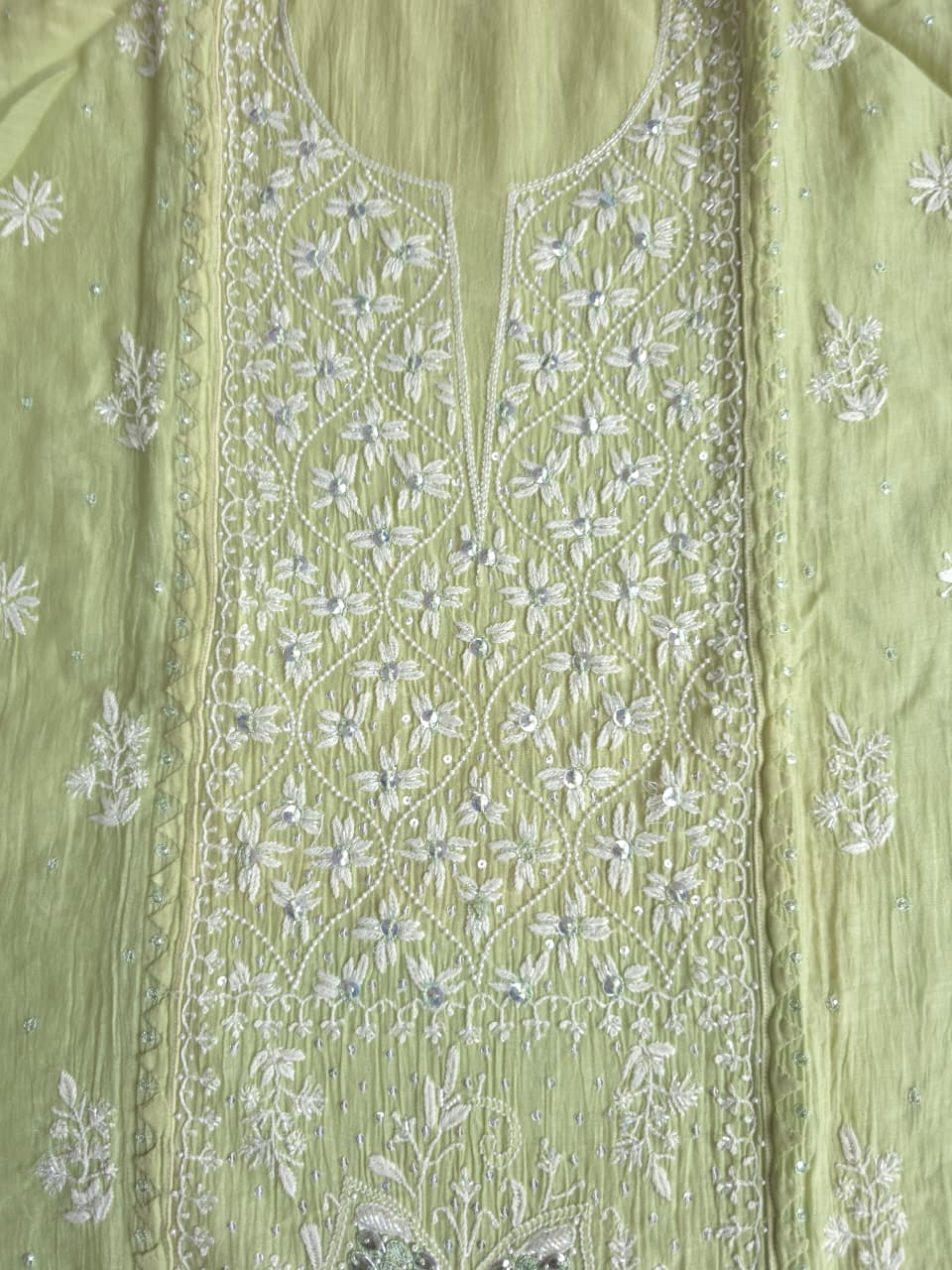 Pista Green Semistitched Mul chanderi kurta dupatta with Butterfly motifs