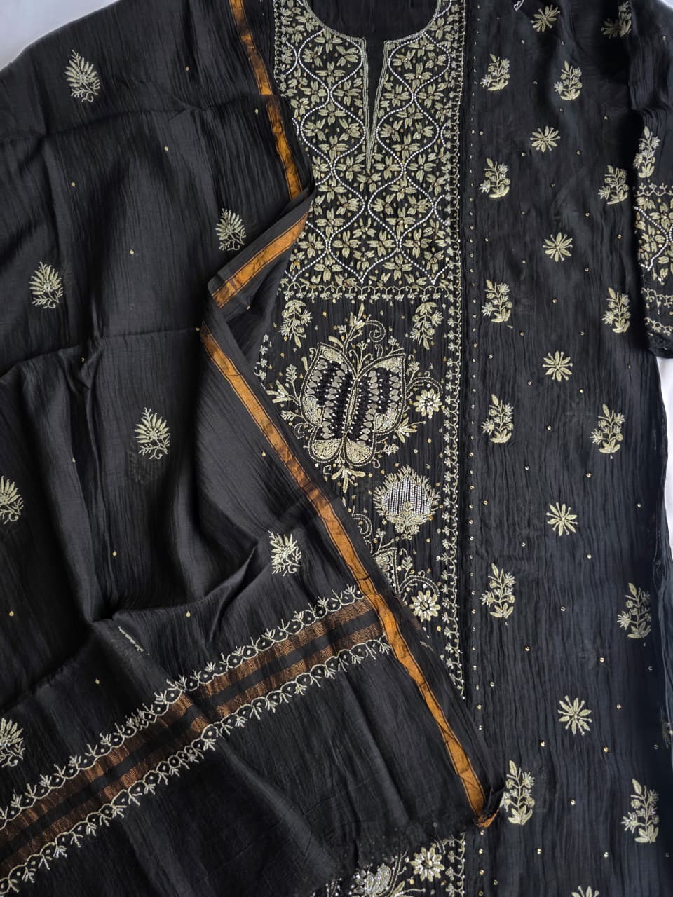 Semistitched Mul chanderi kurta dupatta with Butterfly motifs